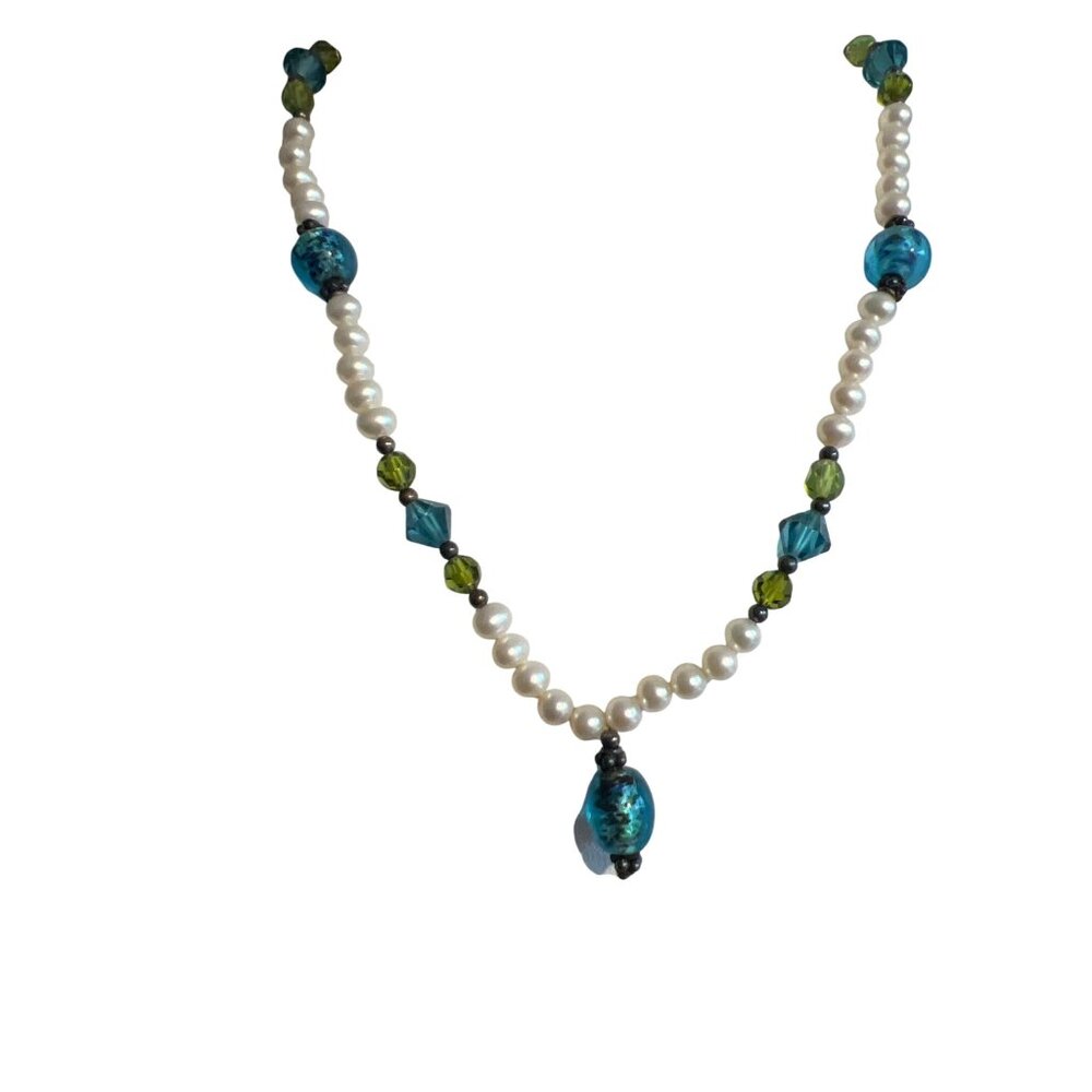 Vtg Sterling Silver Pearl Glass Crystal Necklace Toggle Clasp Lampwork Estate 17